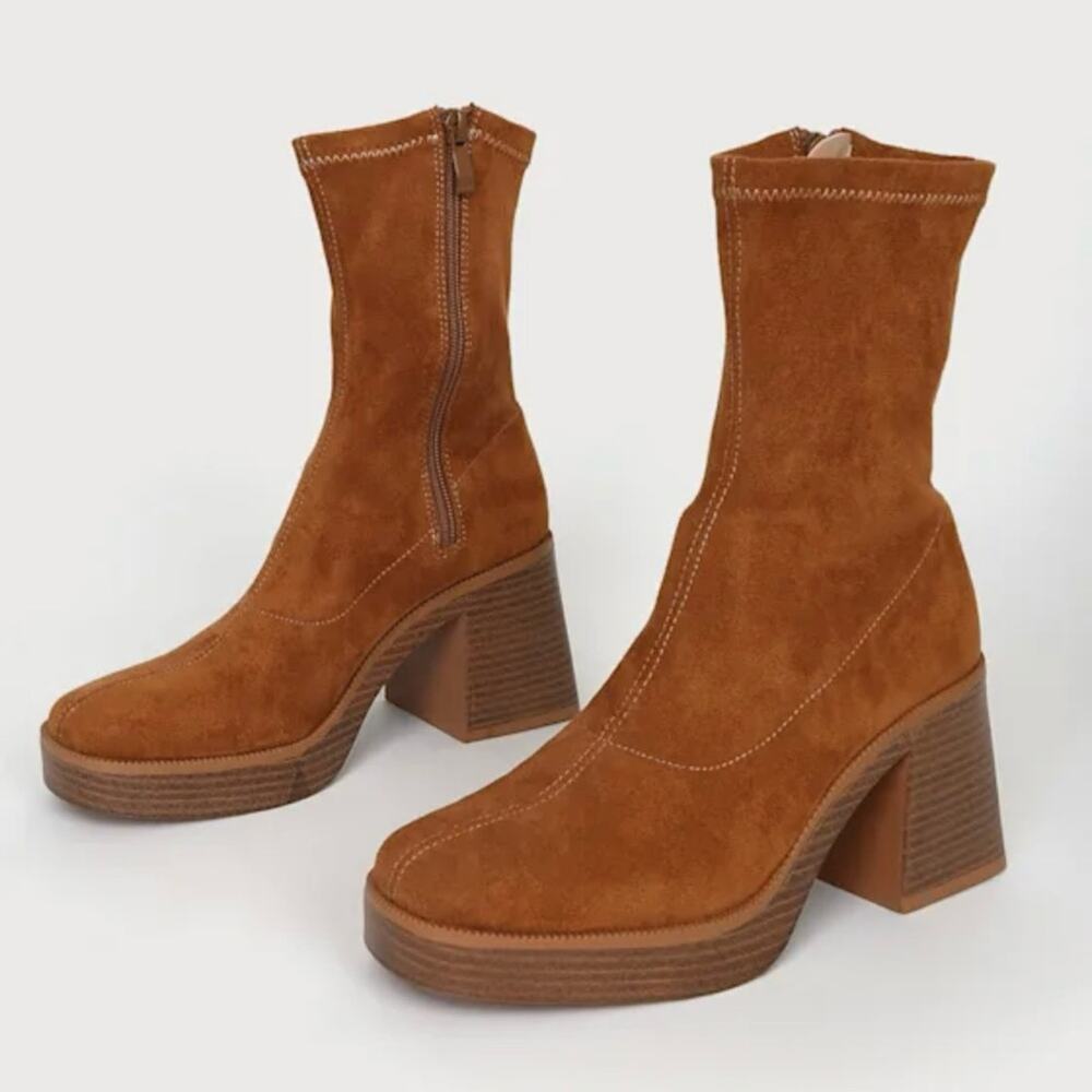 Lulus Hughez Brown Faux Suede Platform Mid Calf Boot Women’s Size 8 Chunky Heel - Picture 10 of 11